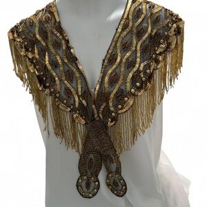 Vintage‎ gold beaded + sequined capelet shawl with dramatic fringe